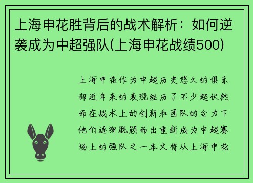 上海申花胜背后的战术解析：如何逆袭成为中超强队(上海申花战绩500)