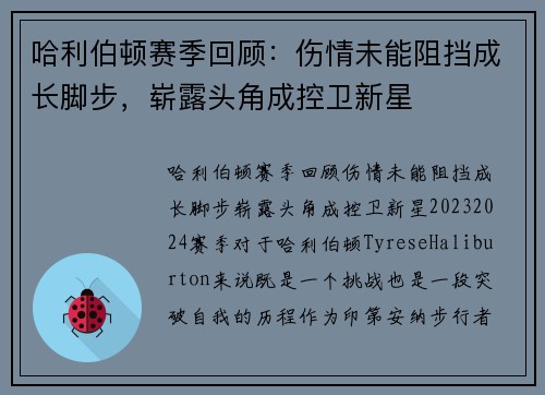 哈利伯顿赛季回顾：伤情未能阻挡成长脚步，崭露头角成控卫新星